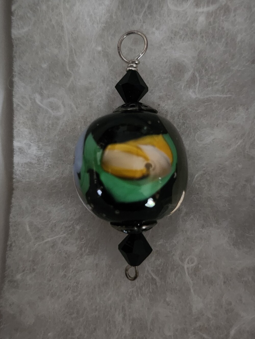 Handmade Lampwork Glass Bead Ornament Pendant in Black, Green and Yellow